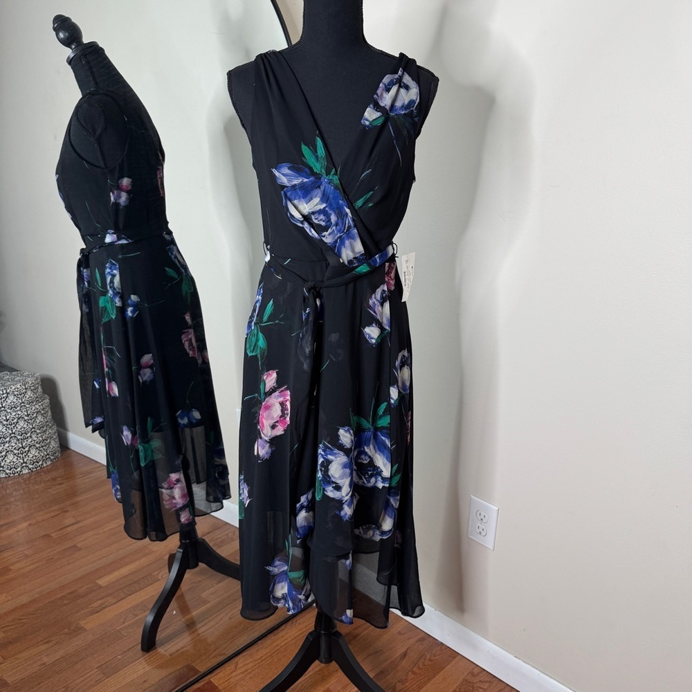 DKNY Women's Floral Print Chiffon Wrap Sleeveless Dress Black Size 6